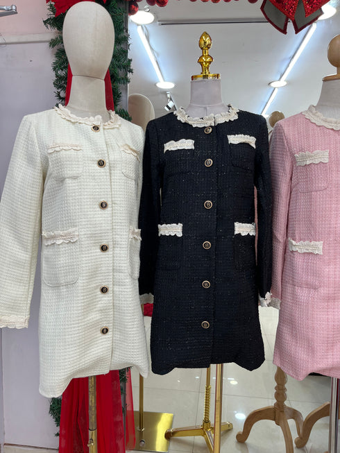 Ladies Elegant Lacey Neck Border Tweed Dresses
